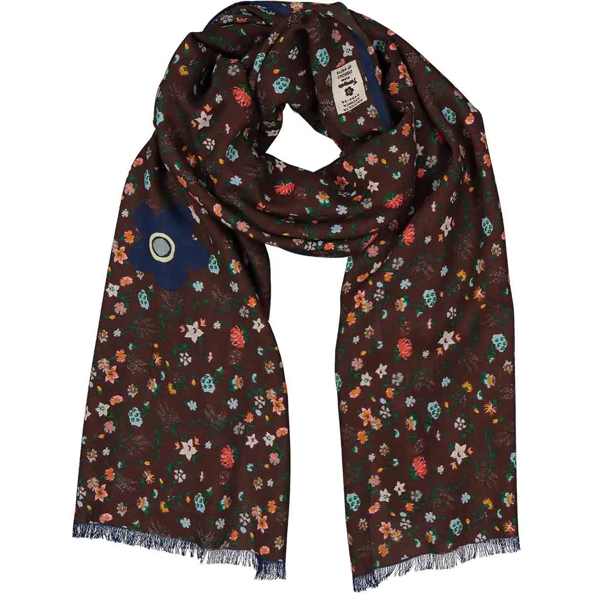 PERVINCA - brown floral design printed wool handmade scarf