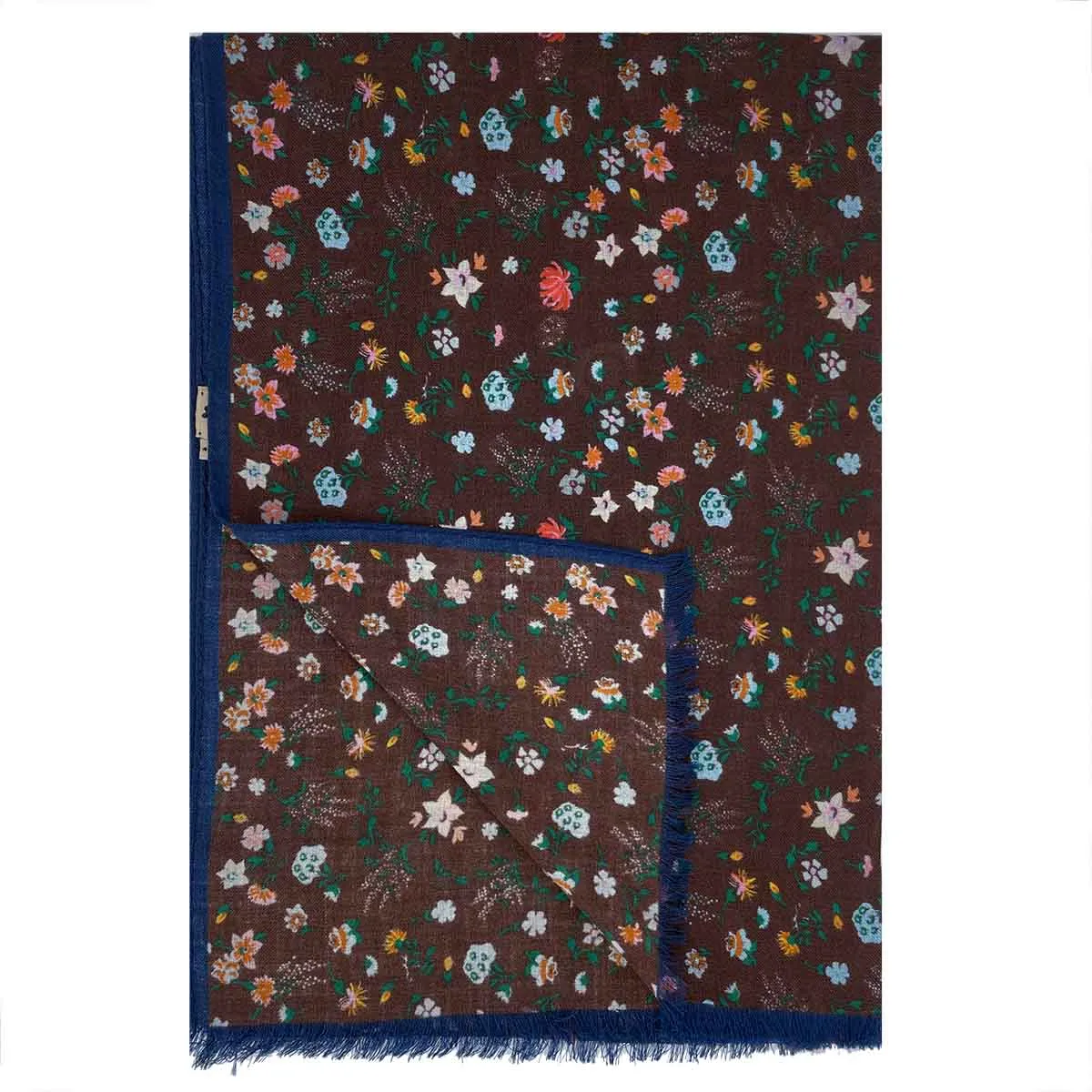 PERVINCA - brown floral design printed wool handmade scarf