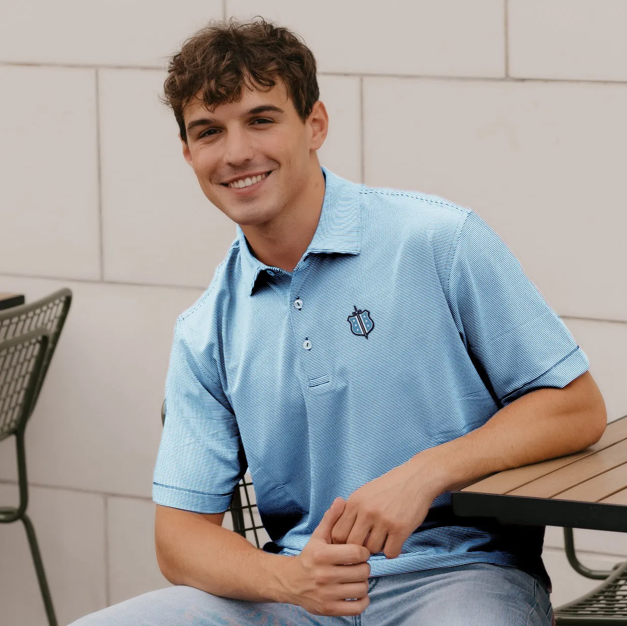 Phi Delt Personalized Peter Millar Jubilee Stripe Stretch Jersey Polo with Crest