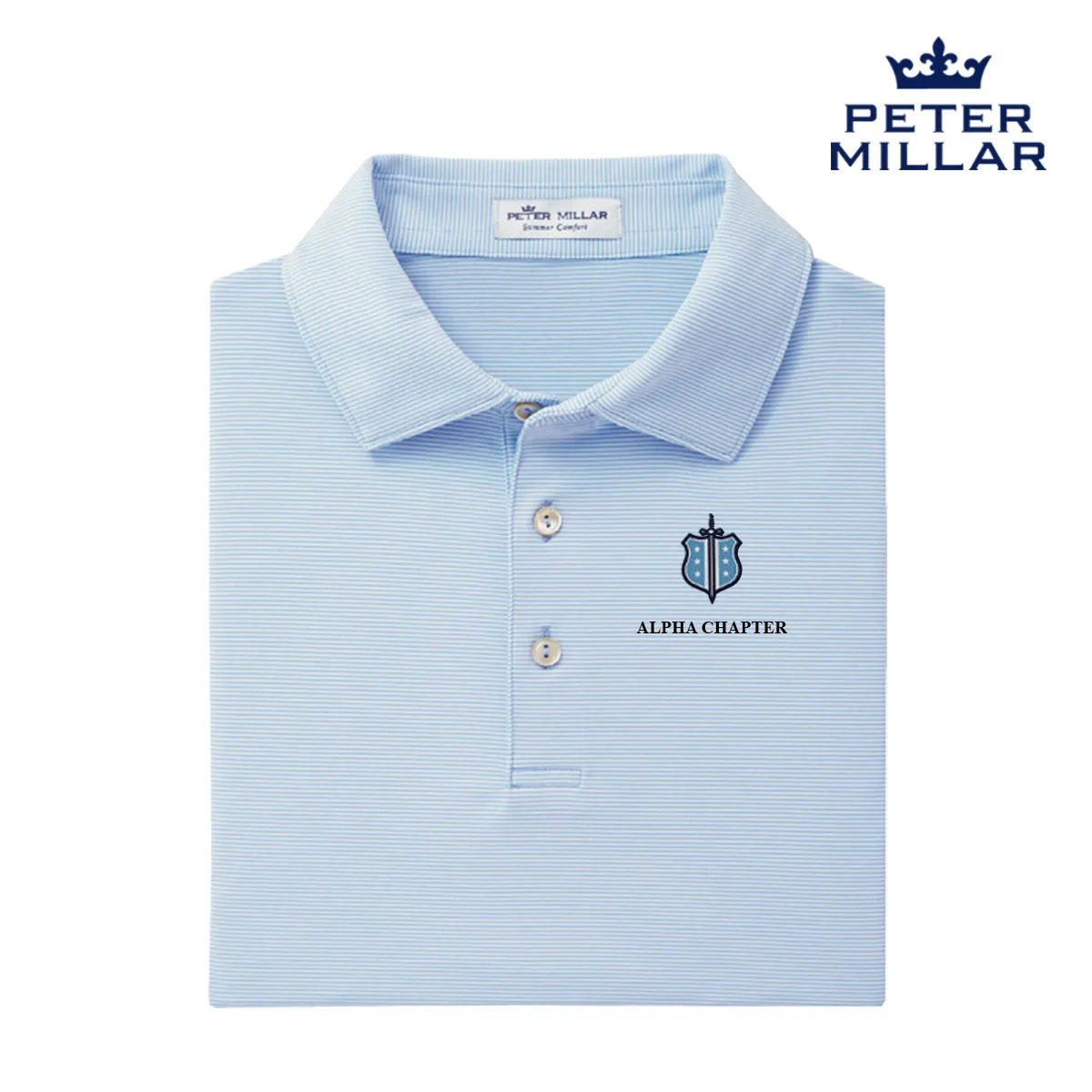 Phi Delt Personalized Peter Millar Jubilee Stripe Stretch Jersey Polo with Crest