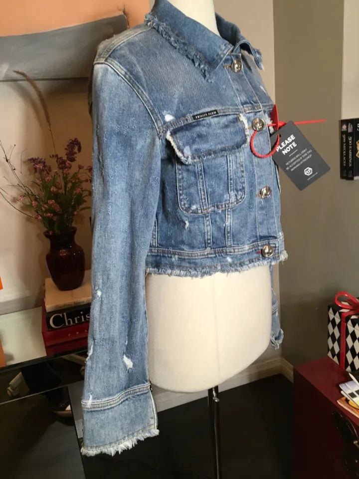 Philipp Plein Size S Blue Denim Distressed Jacket NWT 2400-200-22120