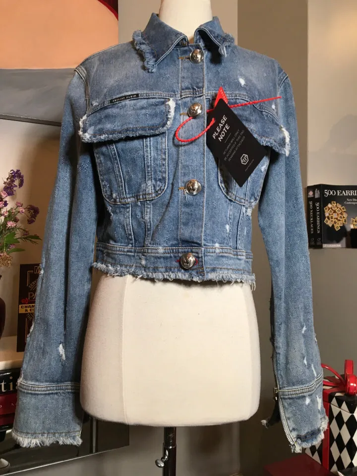 Philipp Plein Size S Blue Denim Distressed Jacket NWT 2400-200-22120