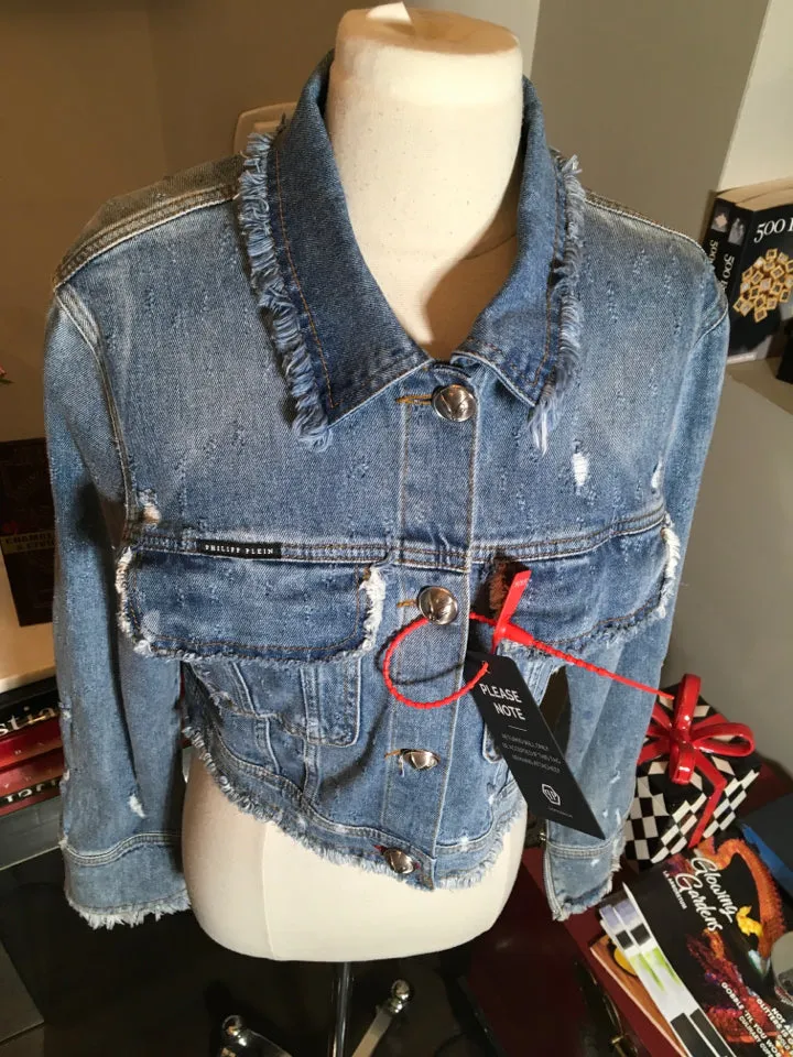 Philipp Plein Size S Blue Denim Distressed Jacket NWT 2400-200-22120