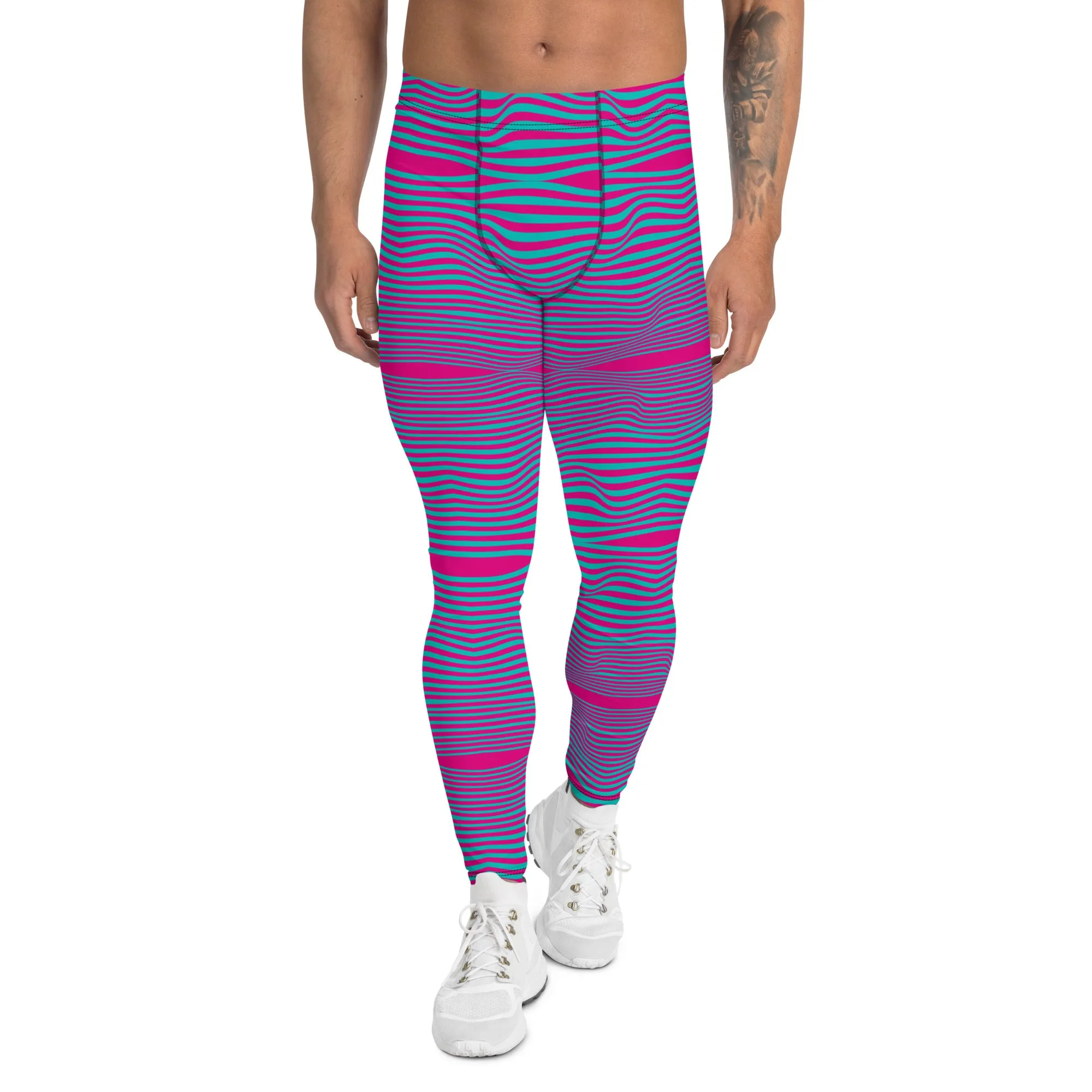 Pink Blue Wavy Men's Leggings, Retro Style Wavy Designer Men's Compression Sports Tights - Made in USA/EU/MX