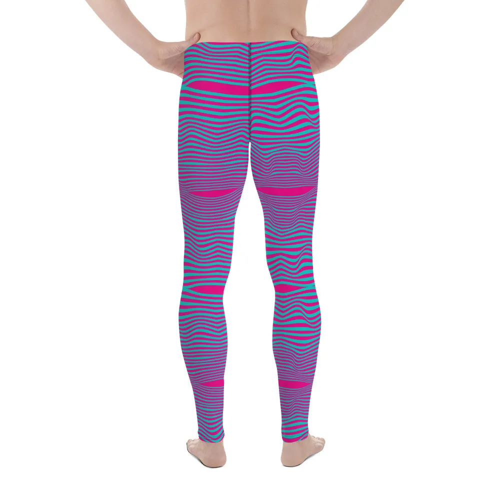 Pink Blue Wavy Men's Leggings, Retro Style Wavy Designer Men's Compression Sports Tights - Made in USA/EU/MX