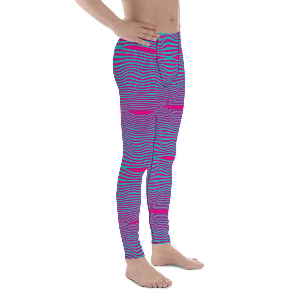 Pink Blue Wavy Men's Leggings, Retro Style Wavy Designer Men's Compression Sports Tights - Made in USA/EU/MX