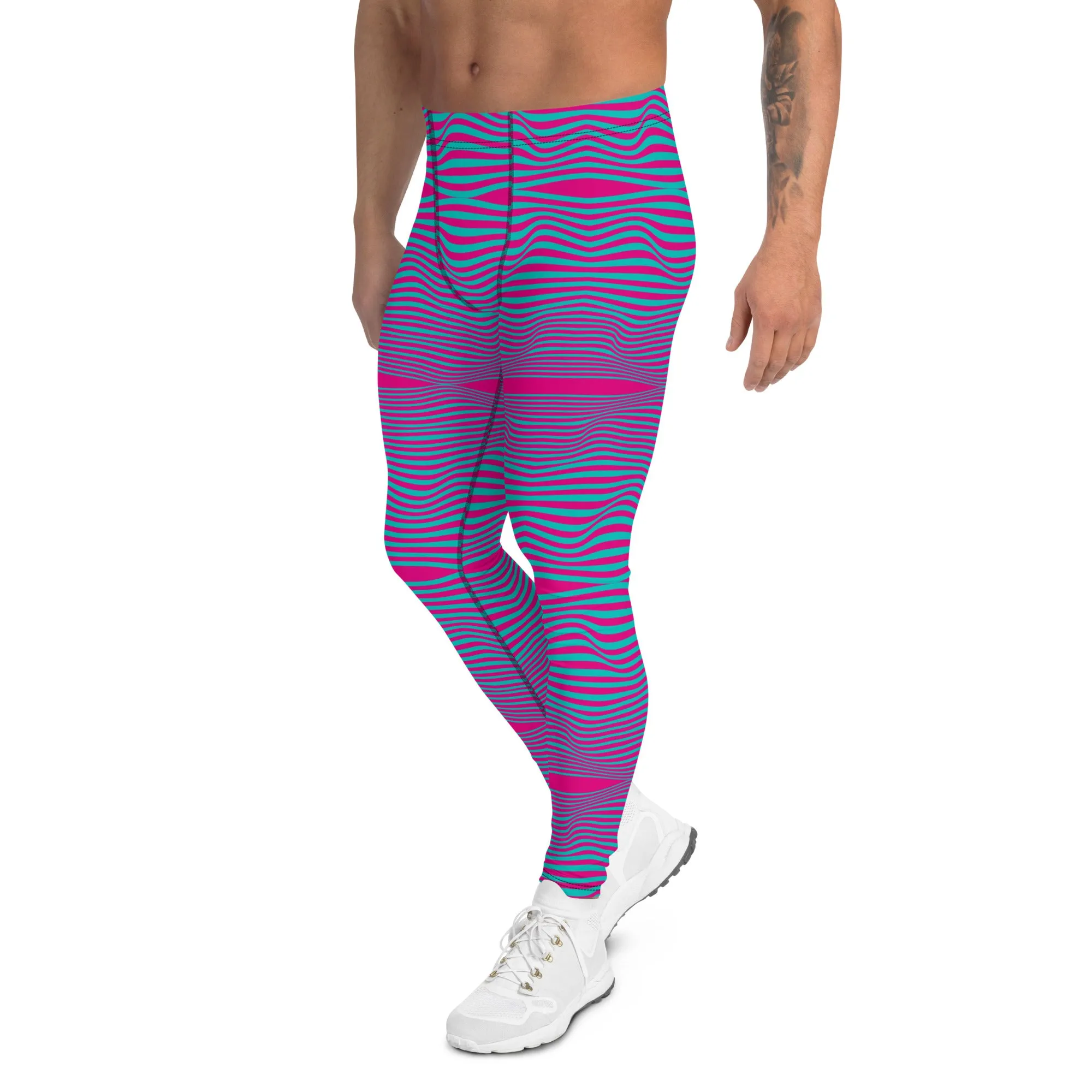 Pink Blue Wavy Men's Leggings, Retro Style Wavy Designer Men's Compression Sports Tights - Made in USA/EU/MX