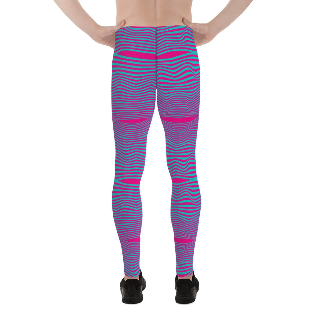 Pink Blue Wavy Men's Leggings, Retro Style Wavy Designer Men's Compression Sports Tights - Made in USA/EU/MX