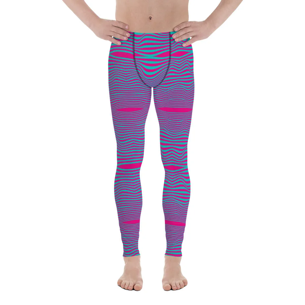 Pink Blue Wavy Men's Leggings, Retro Style Wavy Designer Men's Compression Sports Tights - Made in USA/EU/MX