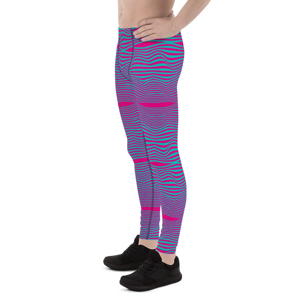 Pink Blue Wavy Men's Leggings, Retro Style Wavy Designer Men's Compression Sports Tights - Made in USA/EU/MX