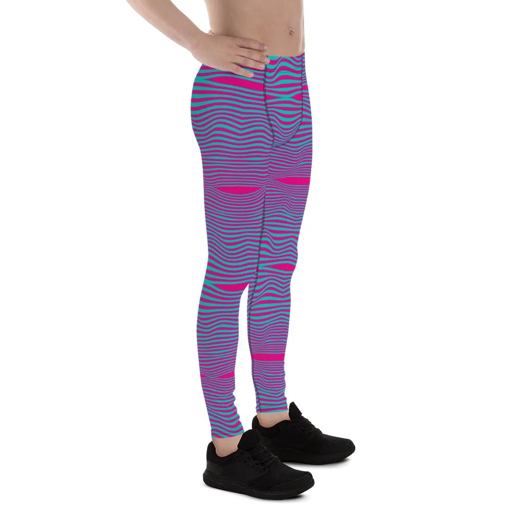 Pink Blue Wavy Men's Leggings, Retro Style Wavy Designer Men's Compression Sports Tights - Made in USA/EU/MX