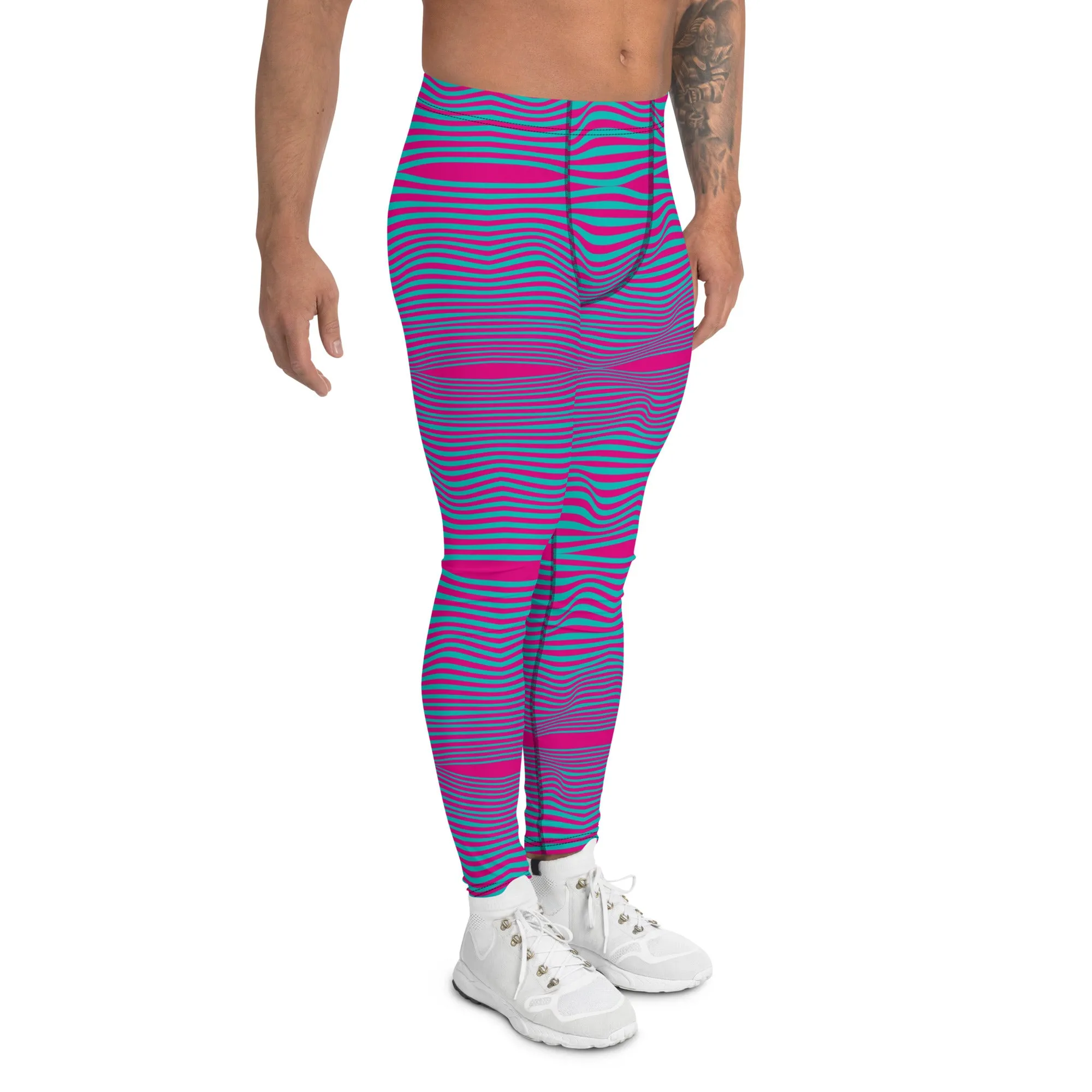 Pink Blue Wavy Men's Leggings, Retro Style Wavy Designer Men's Compression Sports Tights - Made in USA/EU/MX