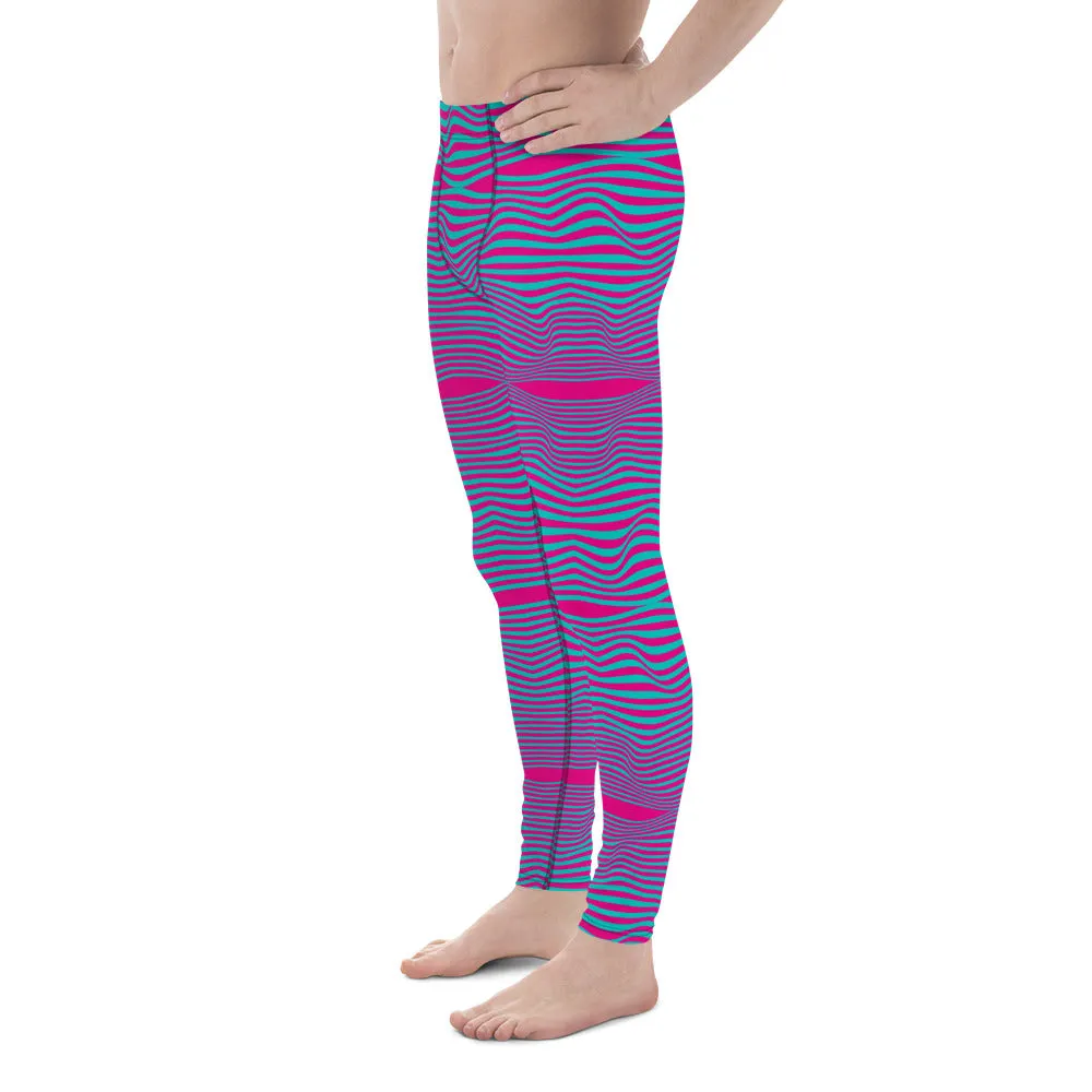 Pink Blue Wavy Men's Leggings, Retro Style Wavy Designer Men's Compression Sports Tights - Made in USA/EU/MX