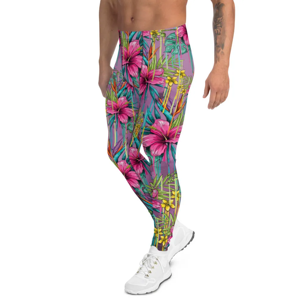 Pink Tropical Men's Leggings, Hawaiian Style Floral Print Meggings Running Tights For Men - Made in USA/EU/MX