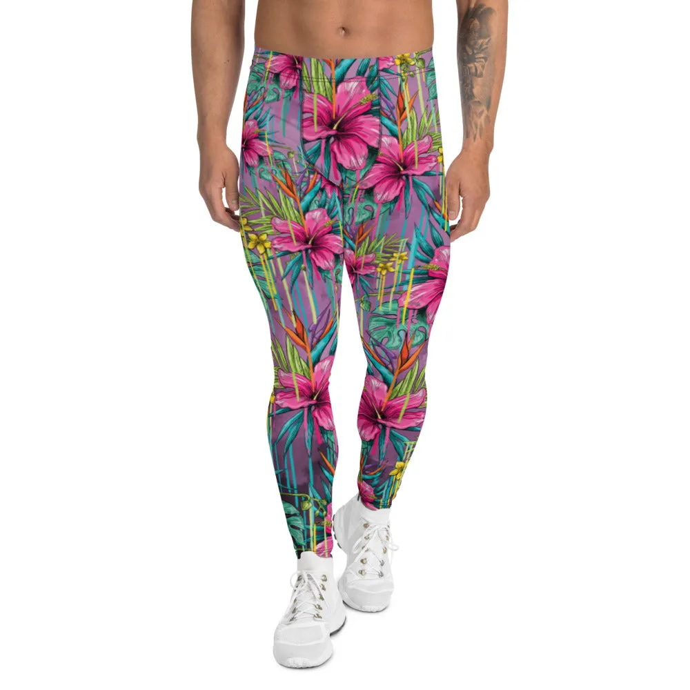 Pink Tropical Men's Leggings, Hawaiian Style Floral Print Meggings Running Tights For Men - Made in USA/EU/MX