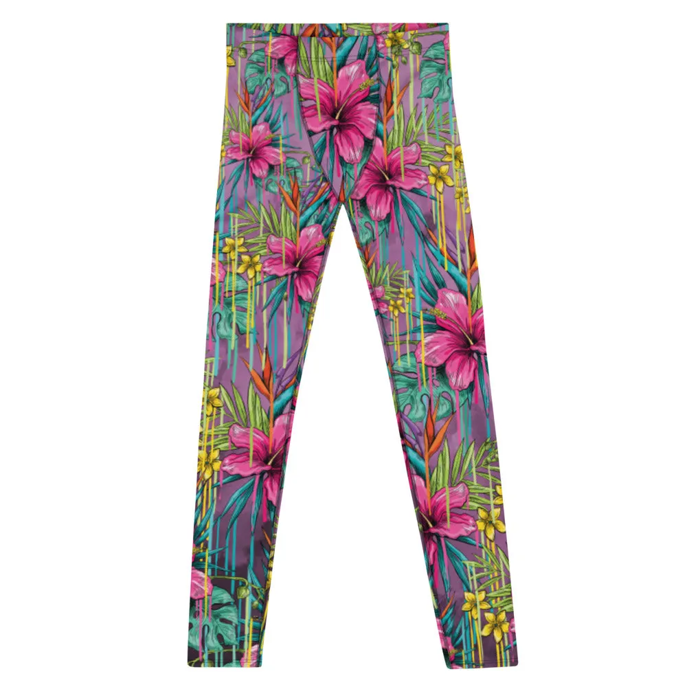 Pink Tropical Men's Leggings, Hawaiian Style Floral Print Meggings Running Tights For Men - Made in USA/EU/MX