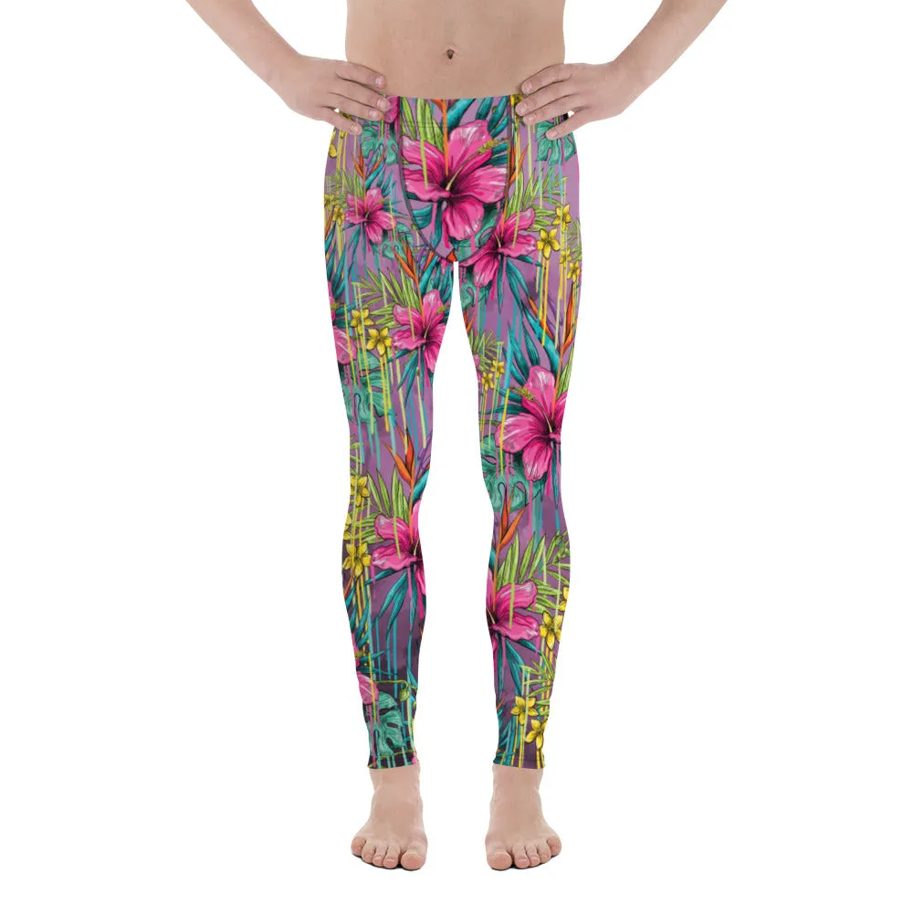 Pink Tropical Men's Leggings, Hawaiian Style Floral Print Meggings Running Tights For Men - Made in USA/EU/MX