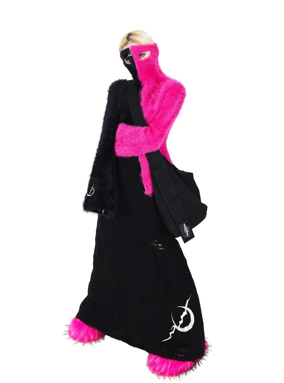 PINKSPINK Two-Tone Fuzzy Cropped Hoodie Cardigan - Black/Hot Pink