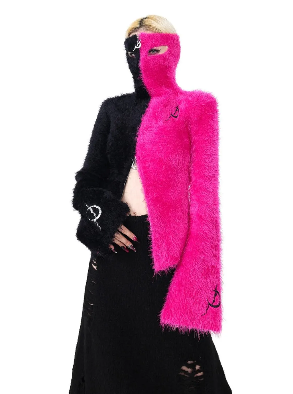 PINKSPINK Two-Tone Fuzzy Cropped Hoodie Cardigan - Black/Hot Pink