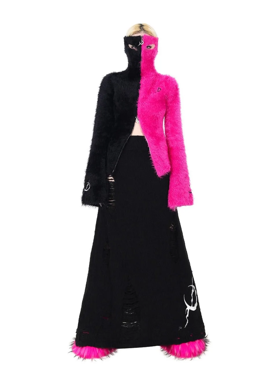 PINKSPINK Two-Tone Fuzzy Cropped Hoodie Cardigan - Black/Hot Pink