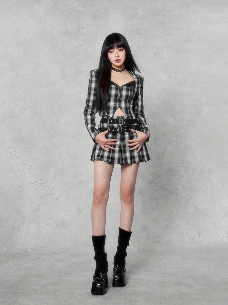 Plaid Punk Cropped Jacket/Pleated Skirt