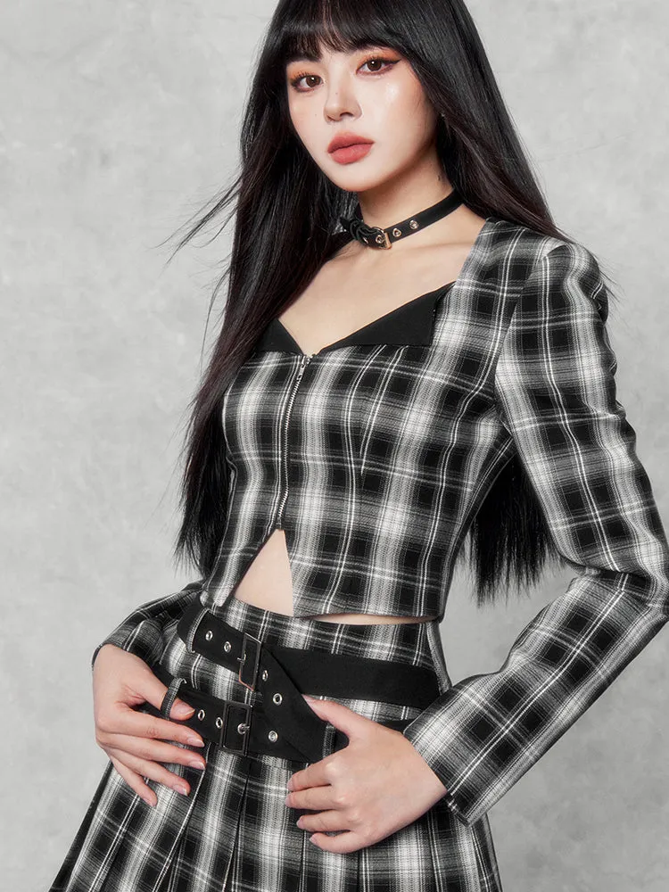 Plaid Punk Cropped Jacket/Pleated Skirt