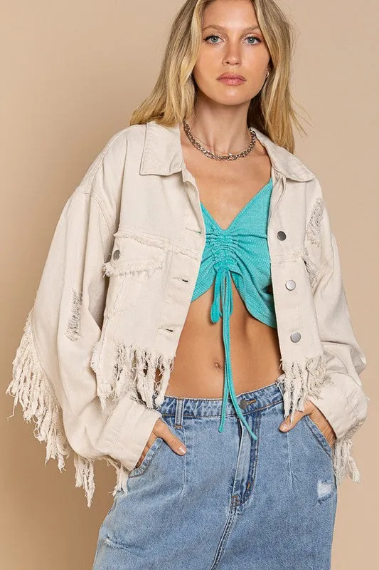 Plus Size Fringe-Detailed Cropped Denim Jacket - online exclusive