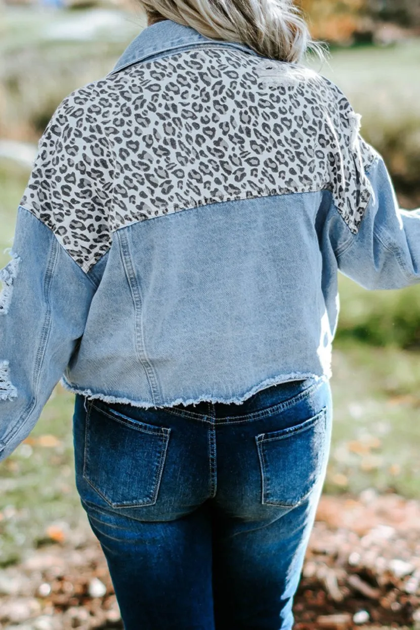 Plus Size Leopard Denim Cropped Jacket