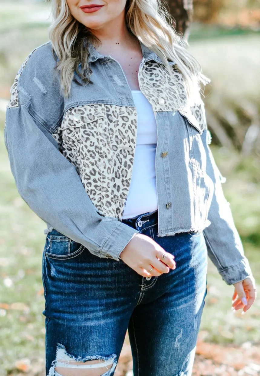 Plus Size Leopard Denim Cropped Jacket