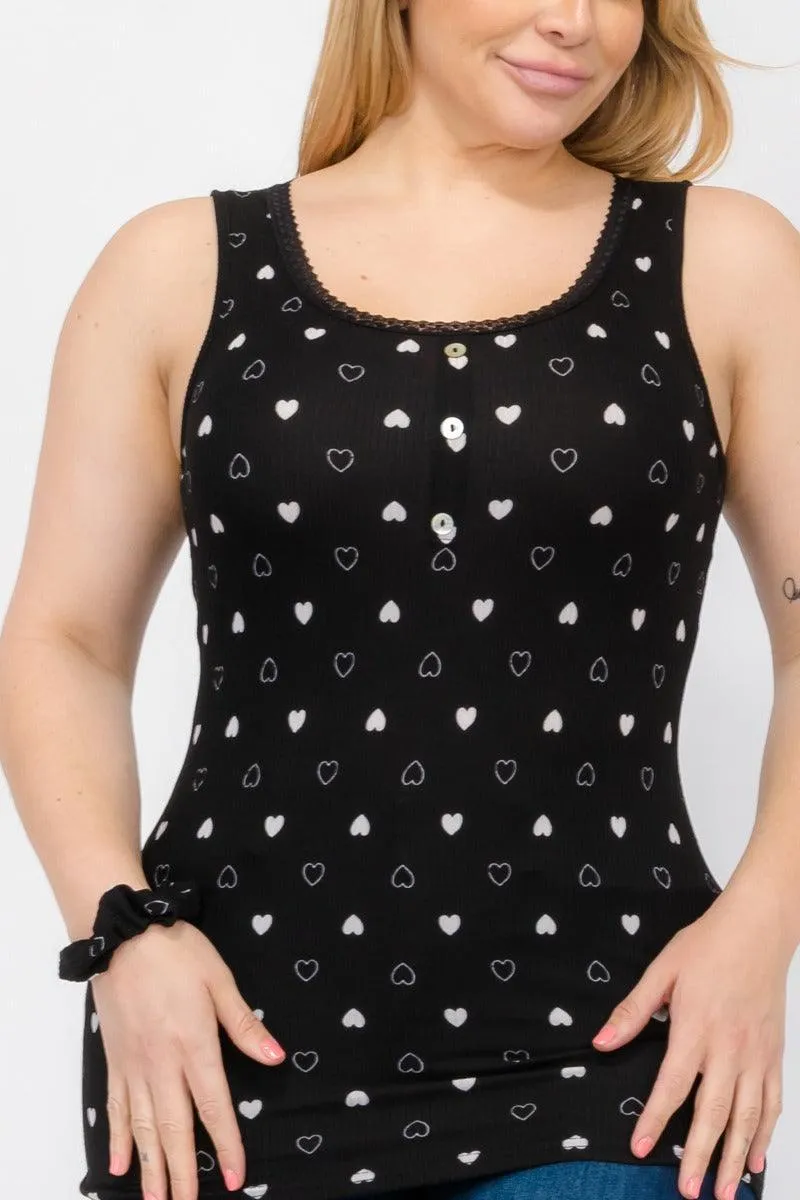 Plus Size Ribbed Knit Henley Tank Tops With Lace Trim - Black & White Hearts