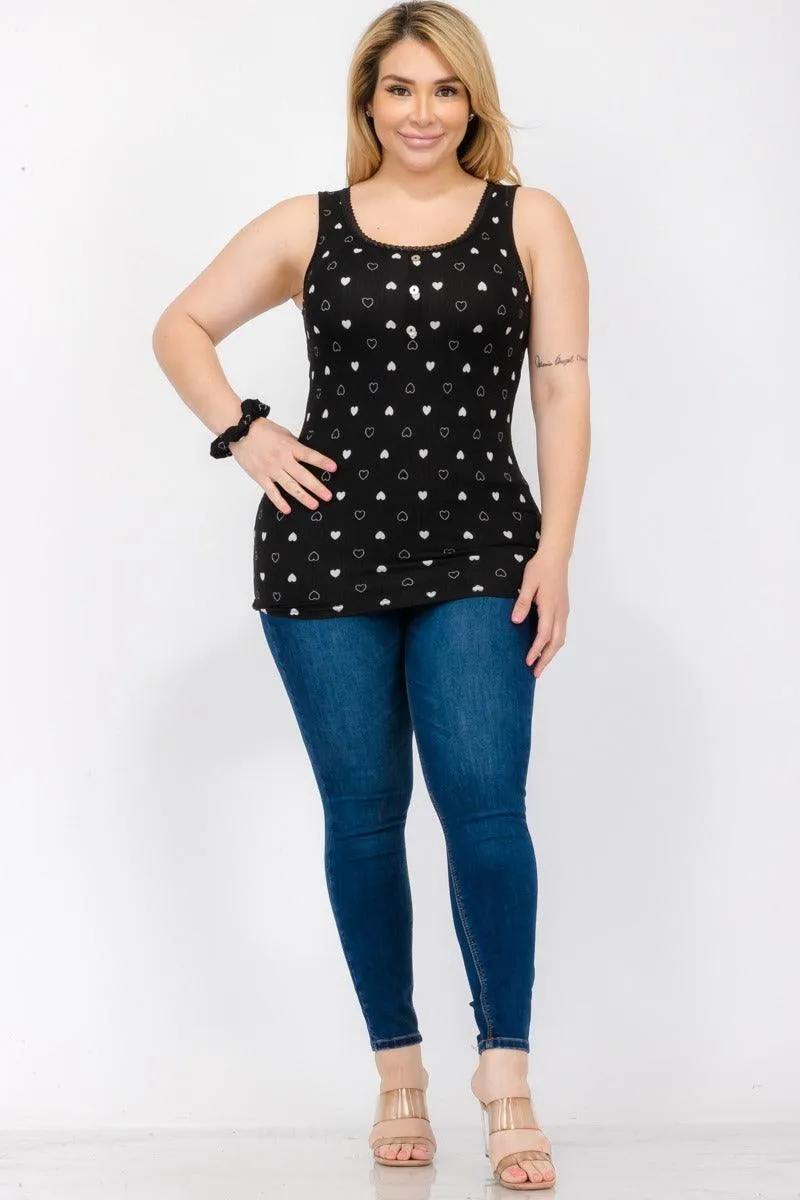 Plus Size Ribbed Knit Henley Tank Tops With Lace Trim - Black & White Hearts