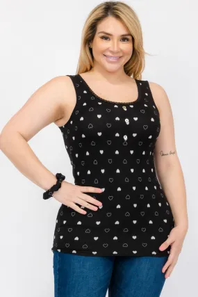 Plus Size Ribbed Knit Henley Tank Tops With Lace Trim - Black & White Hearts