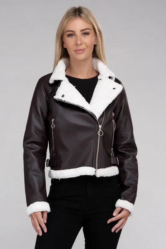 Plush Teddy Trimmed PU Jacket - online exclusive