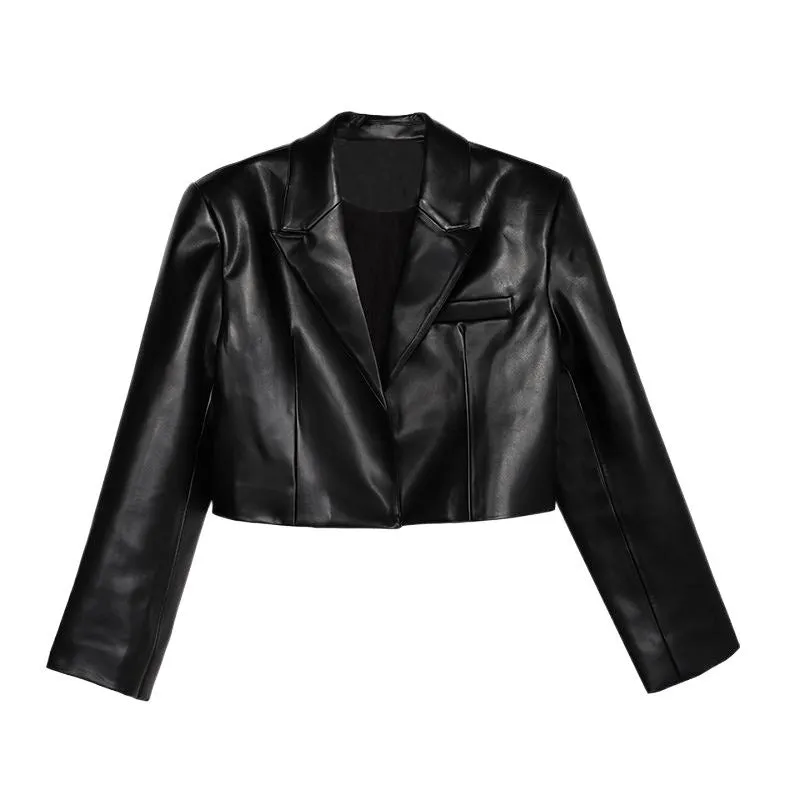 Pre Order: Black High-Waisted Cropped Leather Jacket