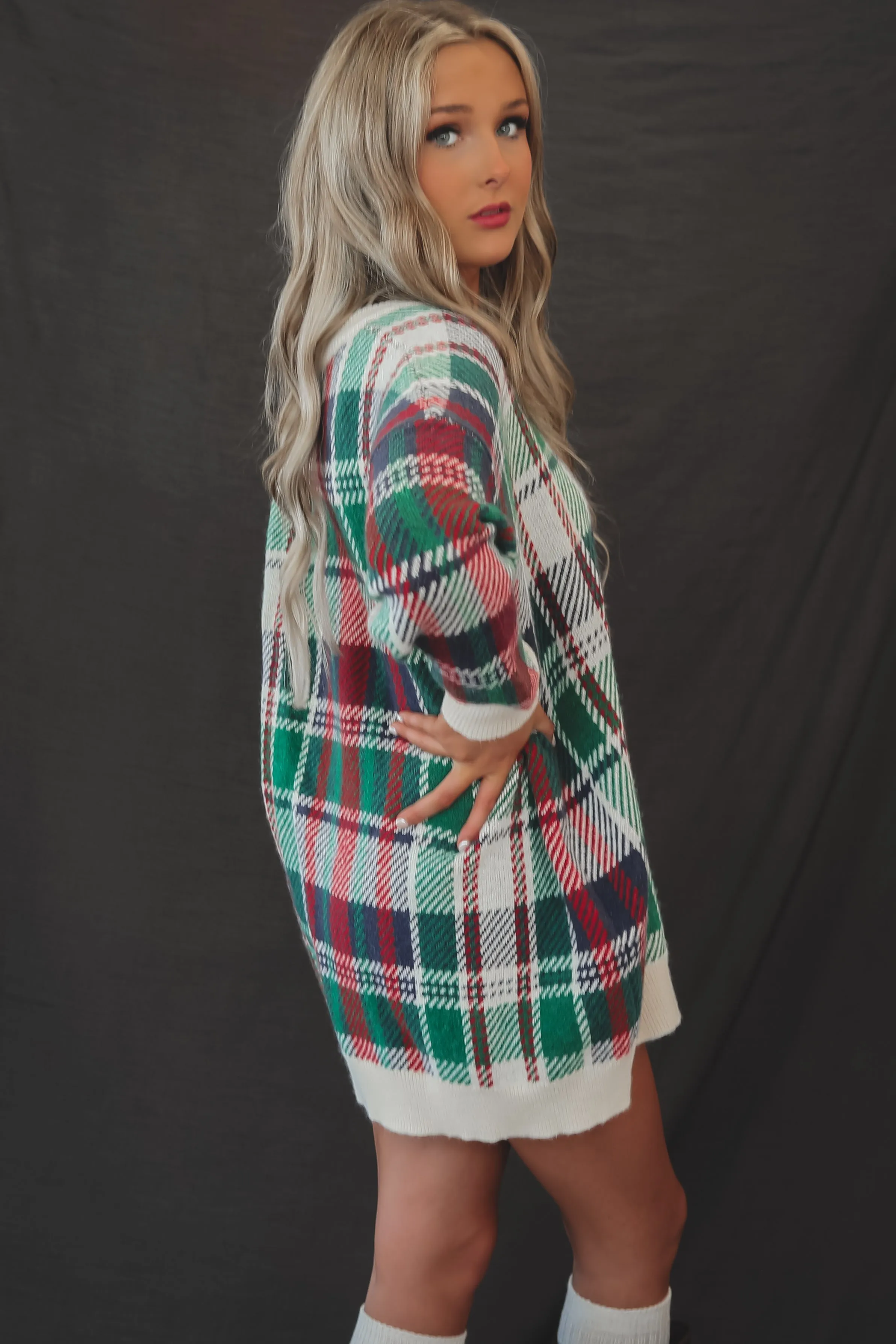 PRE-ORDER SHIPS 12/1 Feeling Festive And Fine Red And Green Holiday Plaid Sweater Dress