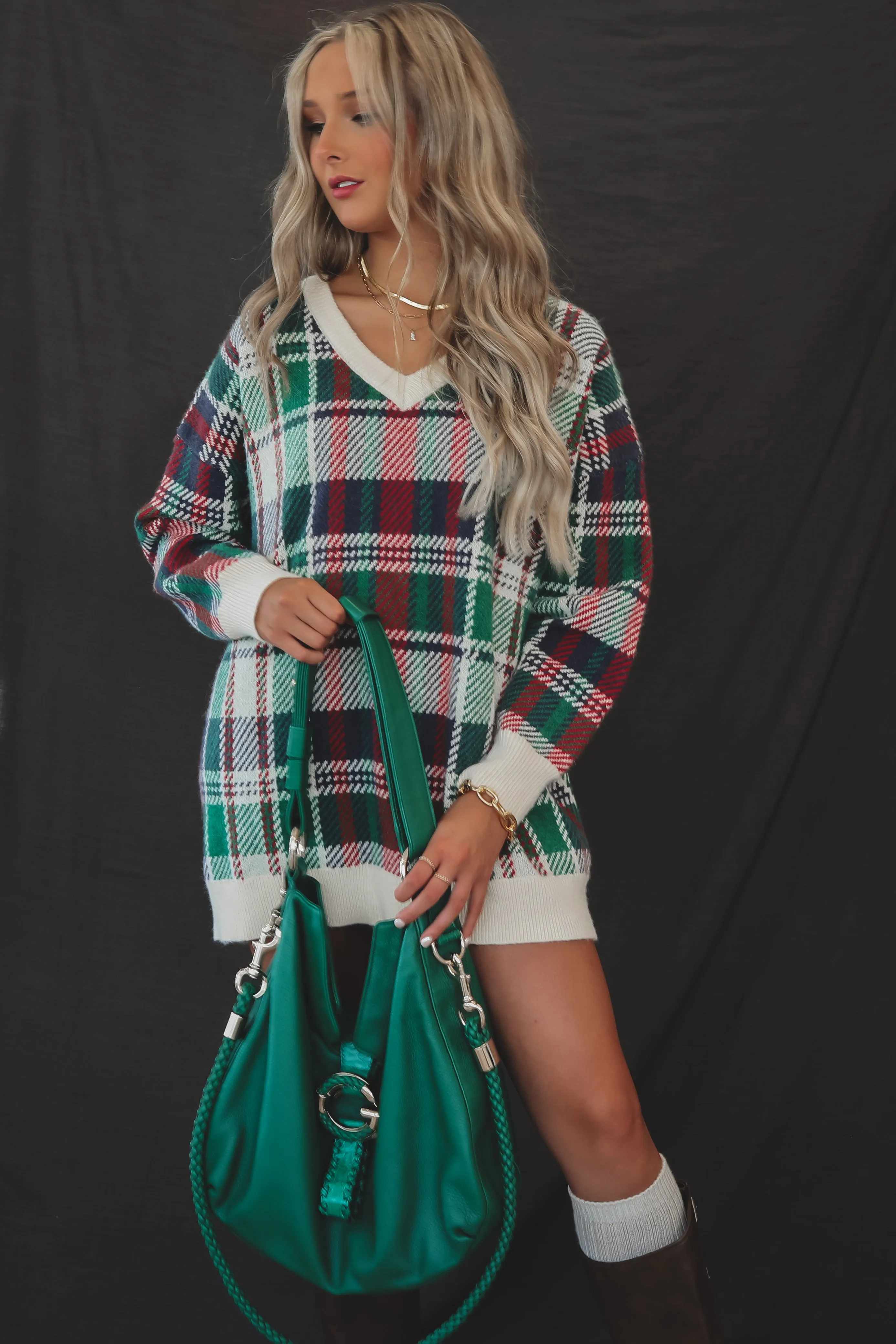 PRE-ORDER SHIPS 12/1 Feeling Festive And Fine Red And Green Holiday Plaid Sweater Dress