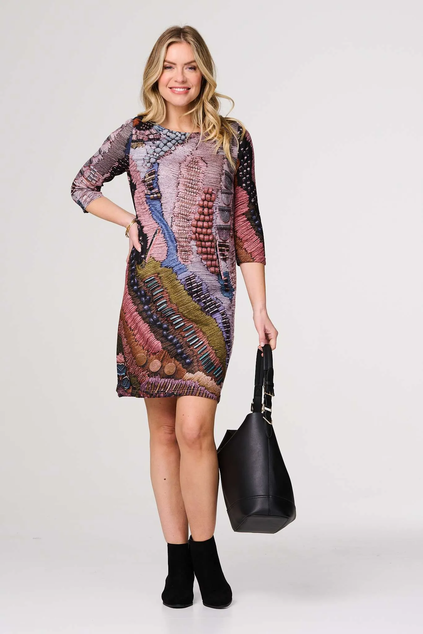 Printed 3/4 Sleeve Tunic Dress