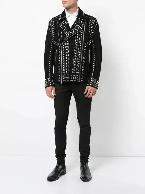 Punk Men Black Suede Studded Jacket