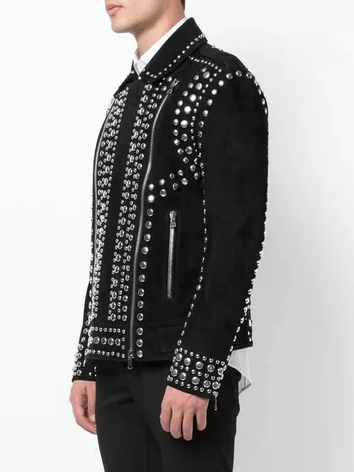 Punk Men Black Suede Studded Jacket