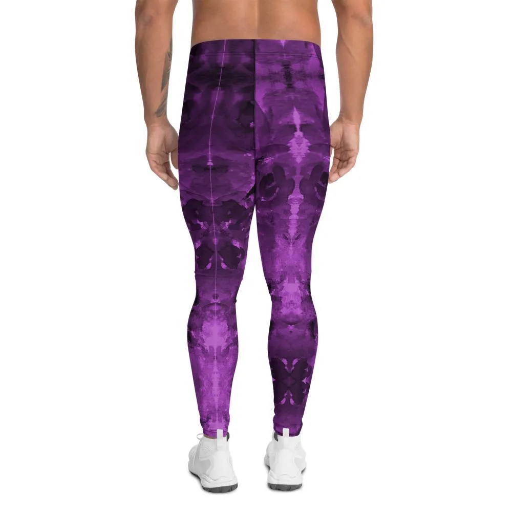 Purple Floral Men's Leggings, Abstract Print Meggings Compression Run Tights-Made in USA/EU