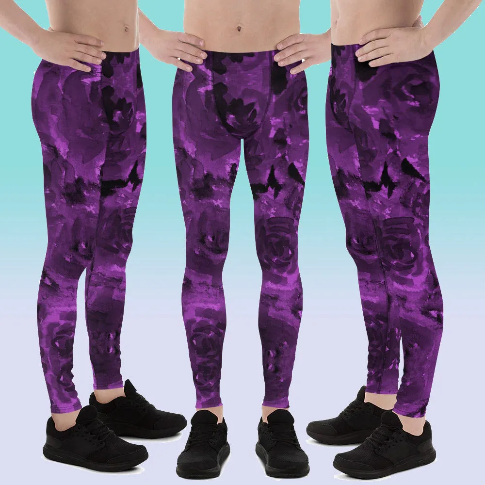 Purple Floral Men's Leggings, Abstract Print Meggings Compression Run Tights-Made in USA/EU