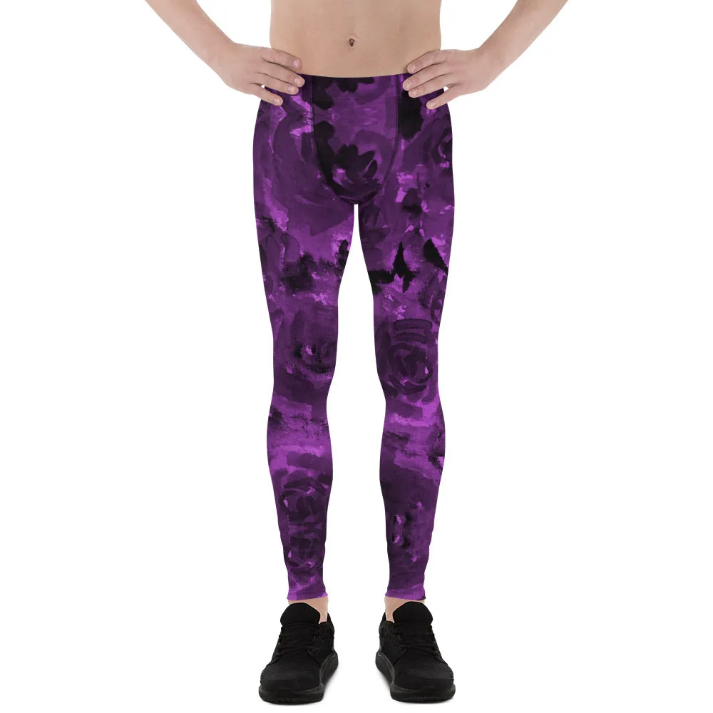 Purple Floral Men's Leggings, Abstract Print Meggings Compression Run Tights-Made in USA/EU