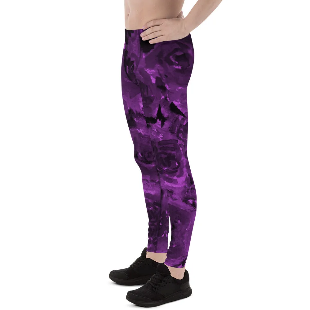 Purple Floral Men's Leggings, Abstract Print Meggings Compression Run Tights-Made in USA/EU