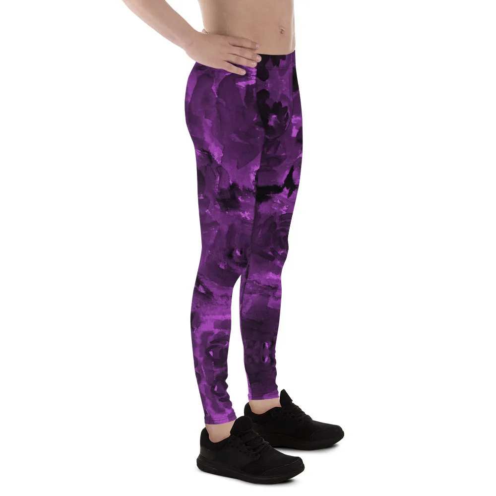 Purple Floral Men's Leggings, Abstract Print Meggings Compression Run Tights-Made in USA/EU