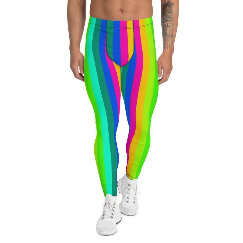 Rainbow Striped Men's Leggings, Vertical Print Colorful Gay Pride Meggings-Made in USA/EU