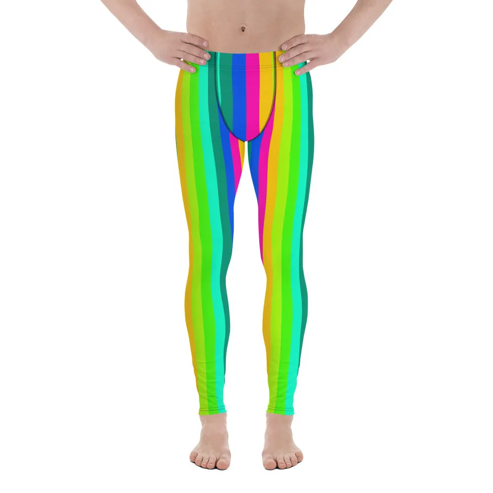 Rainbow Striped Men's Leggings, Vertical Print Colorful Gay Pride Meggings-Made in USA/EU