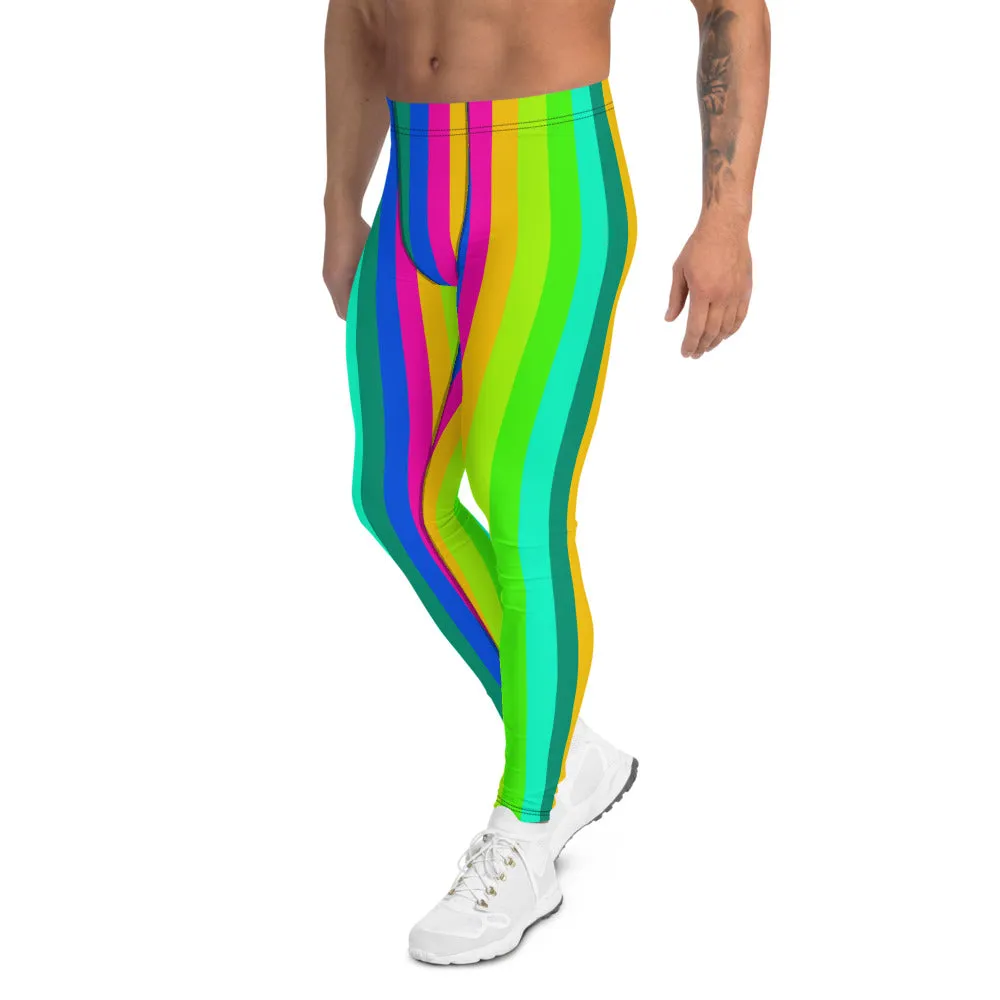 Rainbow Striped Men's Leggings, Vertical Print Colorful Gay Pride Meggings-Made in USA/EU