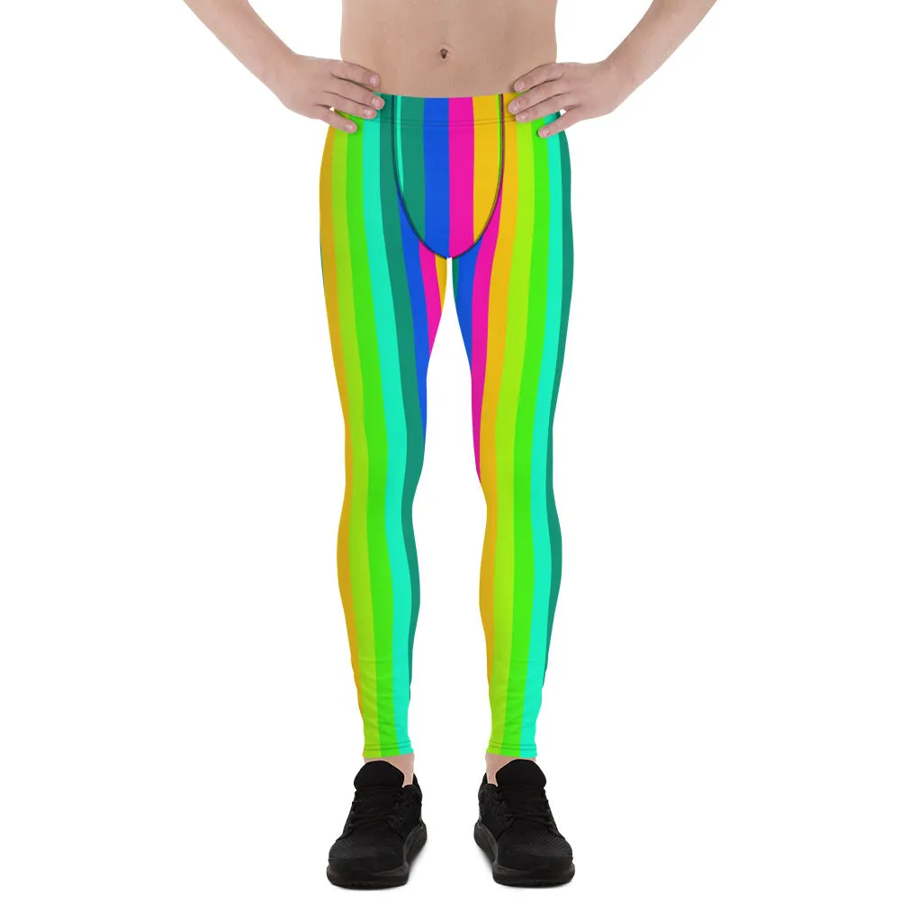 Rainbow Striped Men's Leggings, Vertical Print Colorful Gay Pride Meggings-Made in USA/EU