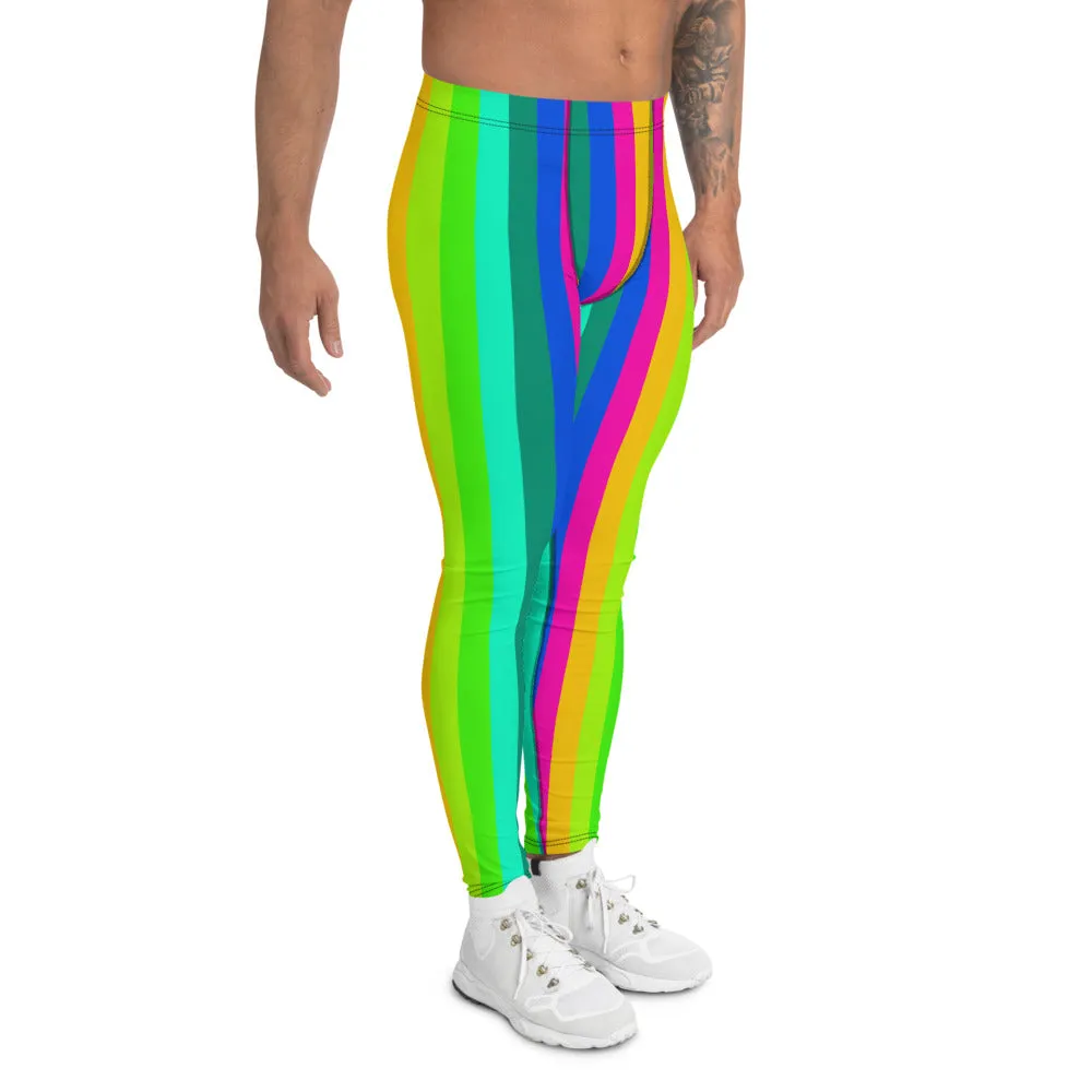 Rainbow Striped Men's Leggings, Vertical Print Colorful Gay Pride Meggings-Made in USA/EU