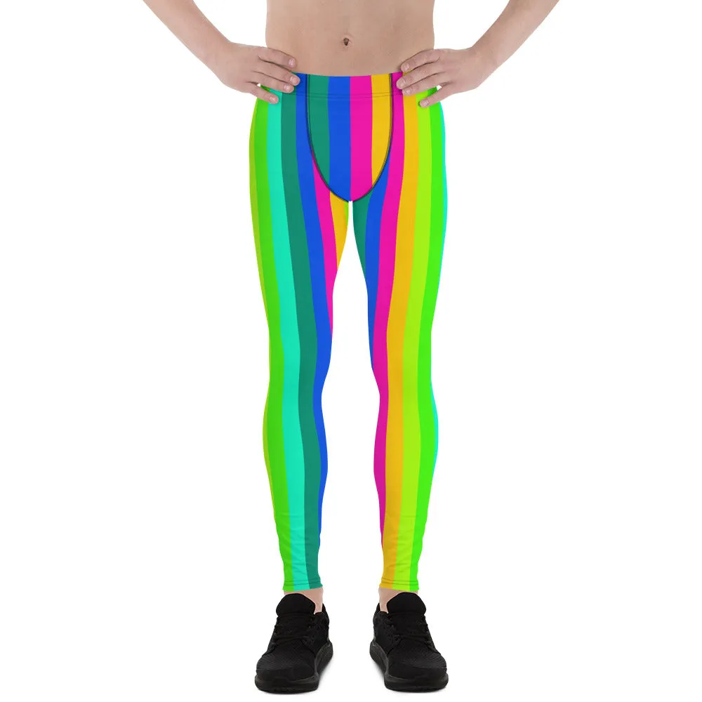 Rainbow Striped Print Men's Leggings, Black Colorful Fun Gay Pride Tights-Made in USA/EU